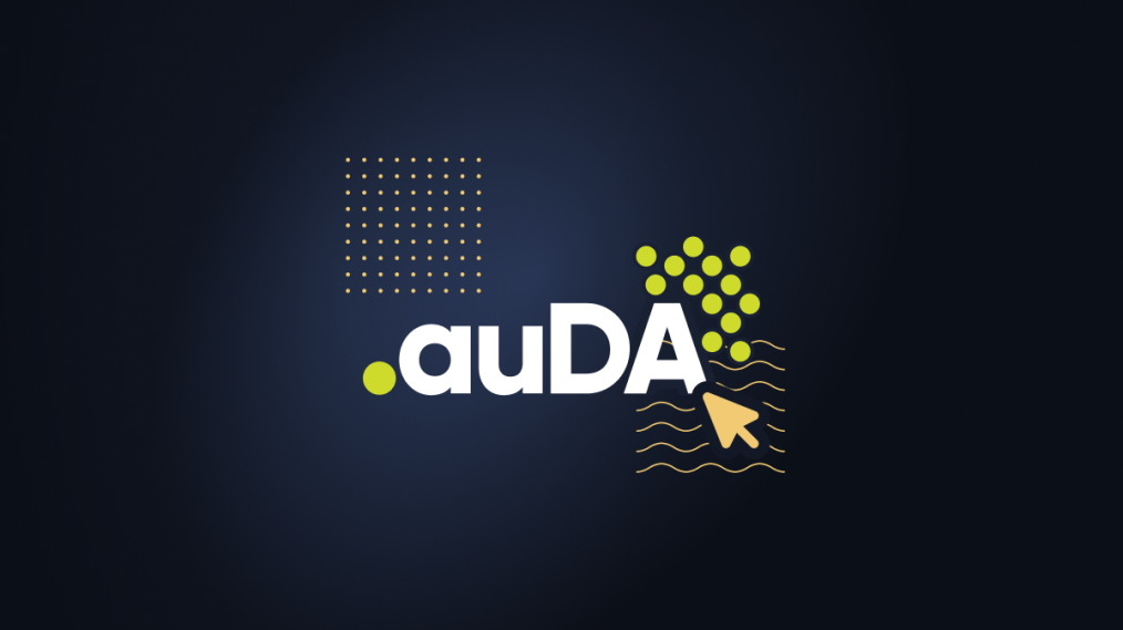 auDA logo against a navy blue background, with an illustrated mouse cursor clicking the logo.