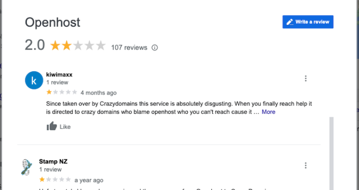 Google reviews of Openhost: 