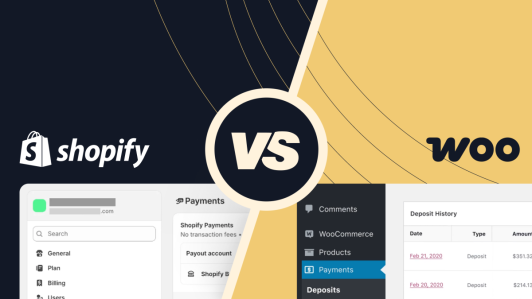 Custom graphic with a screenshot of a Shopify store on the left and a WooCommerce store on the right. The respective company logos are above each screenshot.