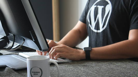 Man wearing a WordPress t-shirt while sitting at a desktop typing.